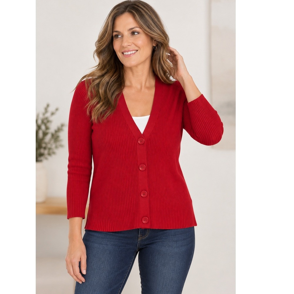 2/$30 Cable & Gauge Cardigan XL Red Silk Blend Ribbed V-Neck Button Front Soft